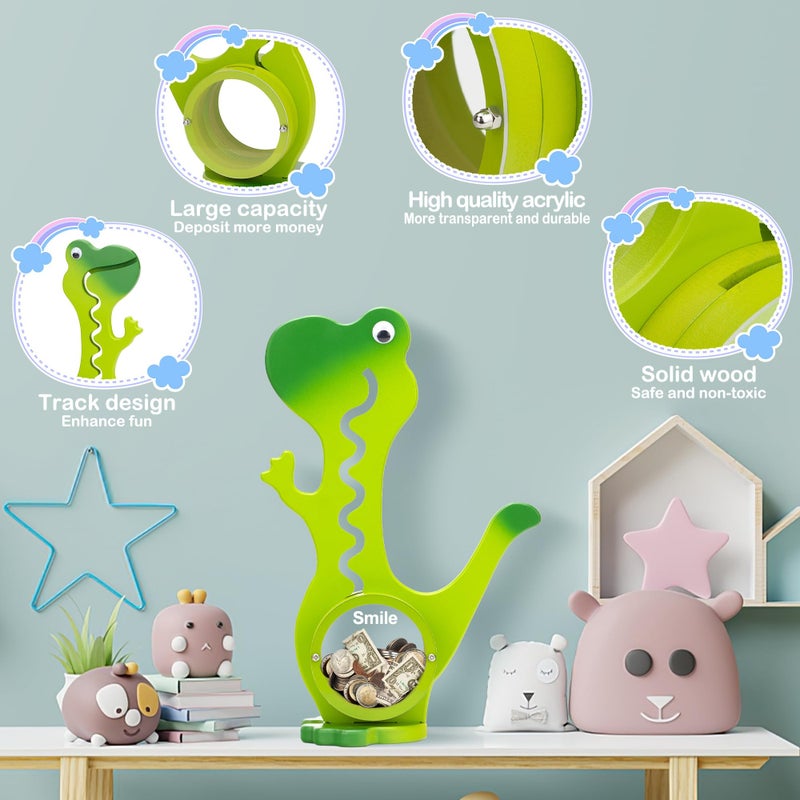 AORCMITN Wooden Dinosaur Piggy Bank for Boys Kids Girls Big Clear Animal Belly Coin Bank Toddler Real Money Toyï¼ˆDino-Greenï¼‰ - Image 3