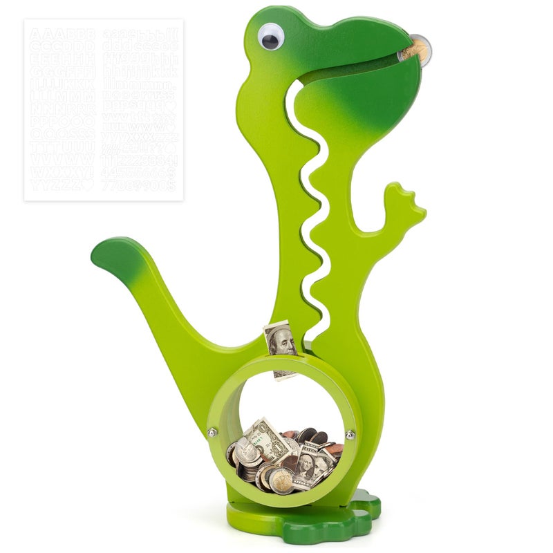 AORCMITN Wooden Dinosaur Piggy Bank for Boys Kids Girls Big Clear Animal Belly Coin Bank Toddler Real Money Toyï¼ˆDino-Greenï¼‰ - Image 1