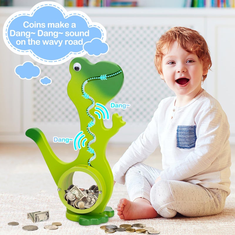 AORCMITN Wooden Dinosaur Piggy Bank for Boys Kids Girls Big Clear Animal Belly Coin Bank Toddler Real Money Toyï¼ˆDino-Greenï¼‰ - Image 4