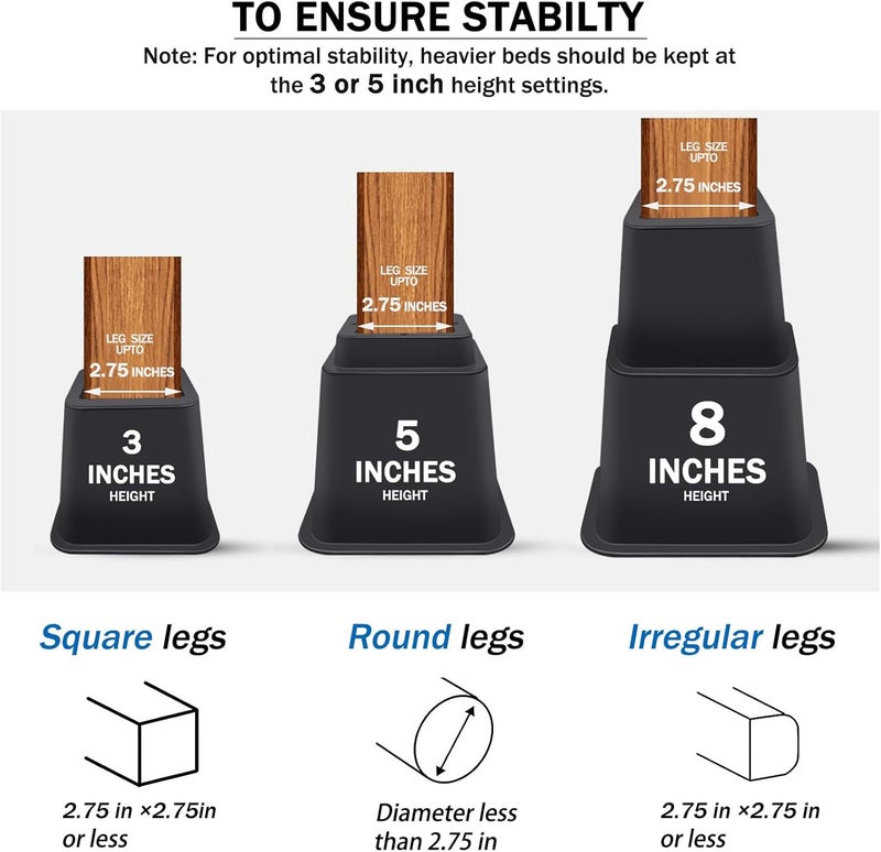 ANNKUT Bed Risers 8 inch Heavy Duty,Elevation in Heights 3, 5, 8 Inch，Adjustable Furniture Risers for Chair Table and Desk Legs Lifting (8 Pack, Black) - Image 2