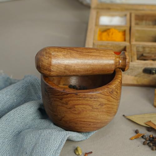 OGGN sheesham Wood Mortar Pestle Set Imam Dasta, Natural Wooden Okhli, Spice Mixer Kharal, Kitchen Khalbatta Masher, Ginger Garlic Crusher - Image 4