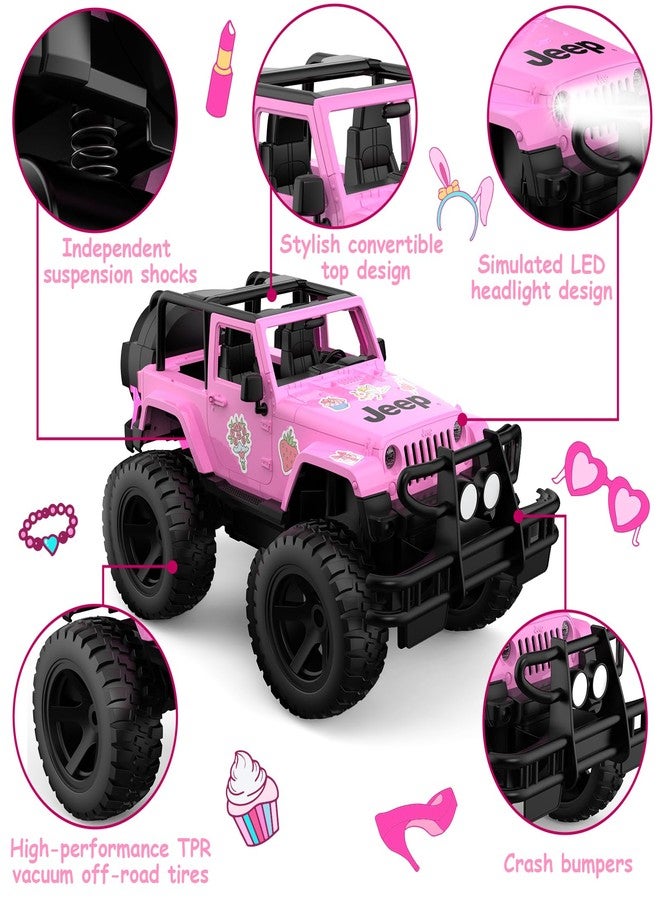 DOUBLE E Jeep Licensed 1:14 Scale Pink Remote Control Car for Girls with DIY Stickers, Open-top Design RC Jeep, 80 Min Play 2.4Ghz Off Road RC Trucks with LED Lights, Birthday/Xmas Gifts for Girls - Image 4