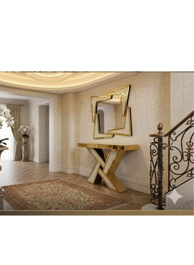 SUNLIT HOME طاولة كونسول ذهبية هندسية فاخرة ومجموعة مرآة - إدخال كريستال ماسي مهشم - Image 3