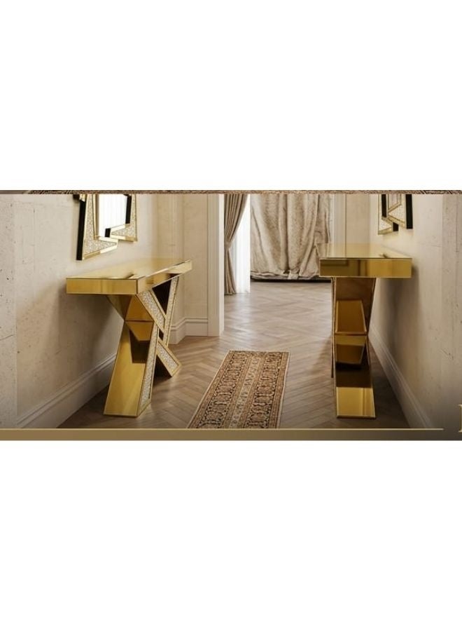 SUNLIT HOME طاولة كونسول ذهبية هندسية فاخرة ومجموعة مرآة - إدخال كريستال ماسي مهشم - Image 4