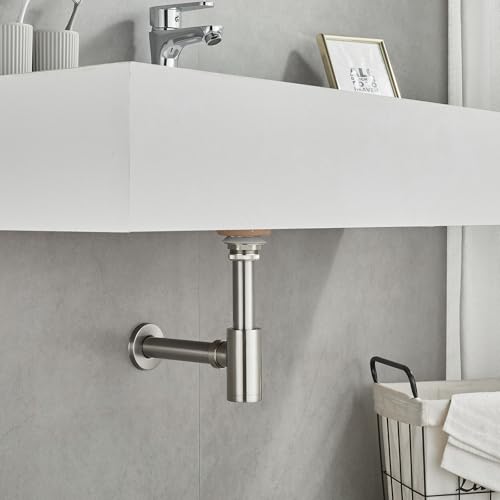 MENATT Solid Brass Bathroom Sink Stopper PTrap Complete Set Adjustable Bathroom Bottle Trap Sink Drain Kit and Pop Up Drain Without Overflow Brushed Nickel - Image 3