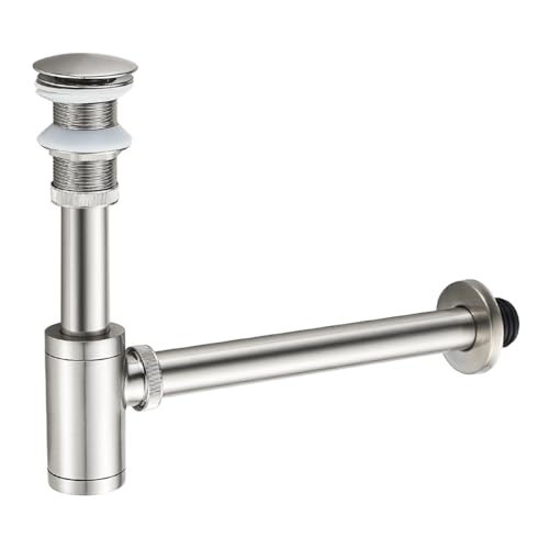 MENATT Solid Brass Bathroom Sink Stopper PTrap Complete Set Adjustable Bathroom Bottle Trap Sink Drain Kit and Pop Up Drain Without Overflow Brushed Nickel - Image 1