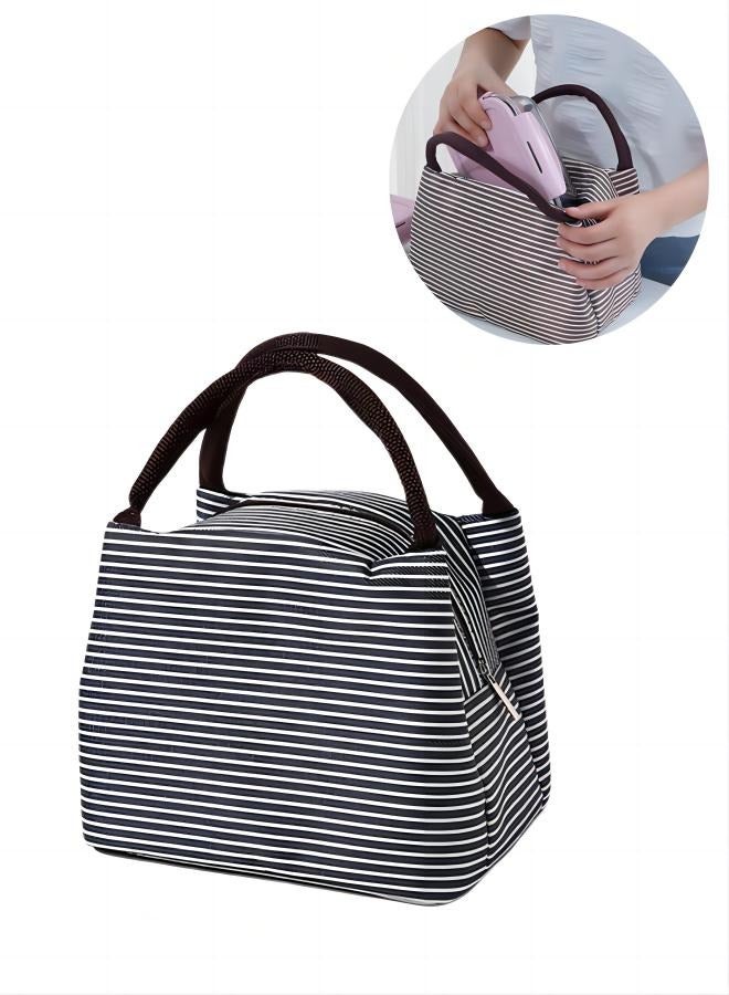 Insulated Lunch Bag Black/White Stripe, Lunch Tote Bag, Water Resistant Insulated Cooler Bag, Food Handbags Case, High Capacity  - Image 1