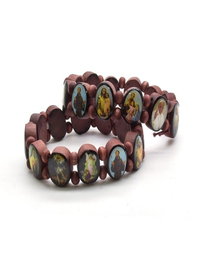 DATOA 4Pcs Wooden Jesus Virgin Mary Bracelet Saints Rosary Stretch Wooden Small Panel Bracelet Religious Saints Jesus Gift-B - Image 2