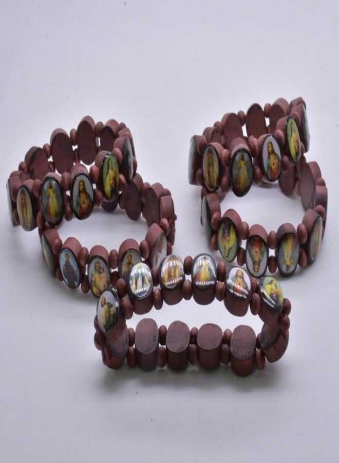 DATOA 4Pcs Wooden Jesus Virgin Mary Bracelet Saints Rosary Stretch Wooden Small Panel Bracelet Religious Saints Jesus Gift-B - Image 3