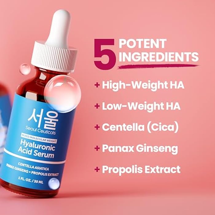 SeoulCeuticals Korean Hyaluronic Acid Serum For Face - High Molecular Weight & Low Molecular Weight Hyaluronic Acid - Centella Serum + Propolis. 1oz - Image 4