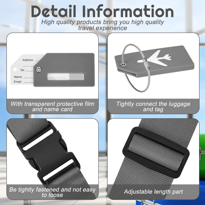 Weewooday 8 Pcs Luggage Straps Suitcase Tags Set for TSA Approved, 4 Travel Adjustable Suitcase Belt, 4 Silicone Luggage Tags with Name ID Card Travel Accessories(Dark Gray,Airplane) - Image 3