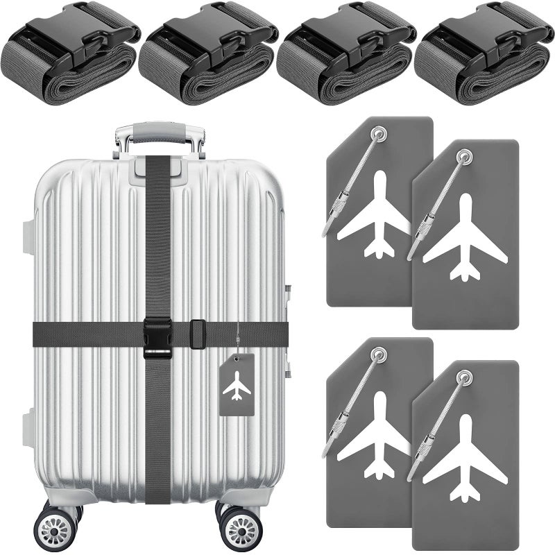 Weewooday 8 Pcs Luggage Straps Suitcase Tags Set for TSA Approved, 4 Travel Adjustable Suitcase Belt, 4 Silicone Luggage Tags with Name ID Card Travel Accessories(Dark Gray,Airplane) - Image 1
