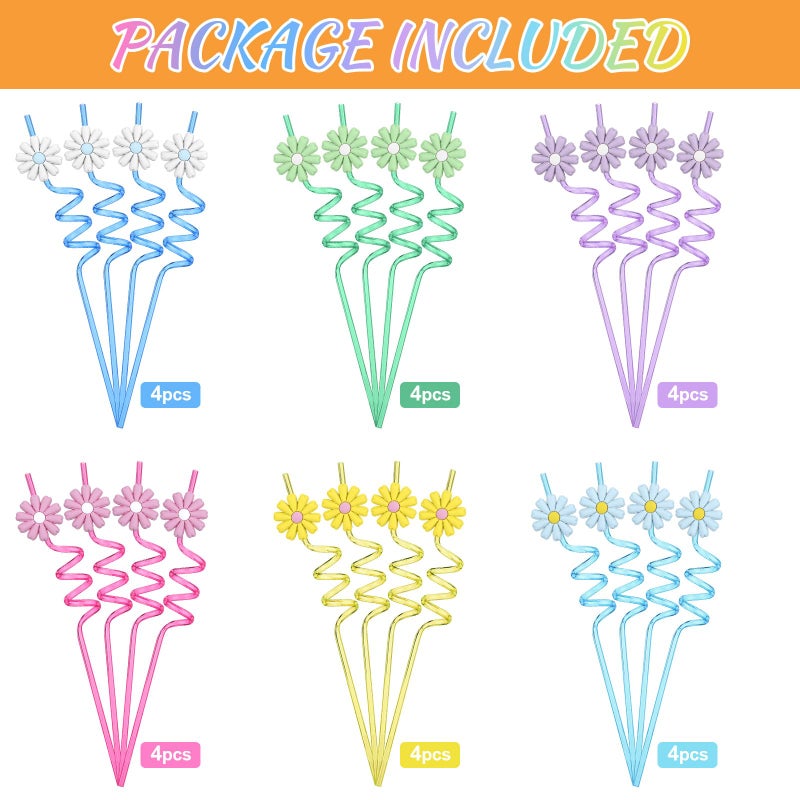 Uiifan 24 Pcs Plastic Flower Straws Bulk Reusable Groovy Daisy Straws Funny Daisy Party Favors for Summer Birthday Party Decorations  Multicolored (Lovely Color) - Image 2