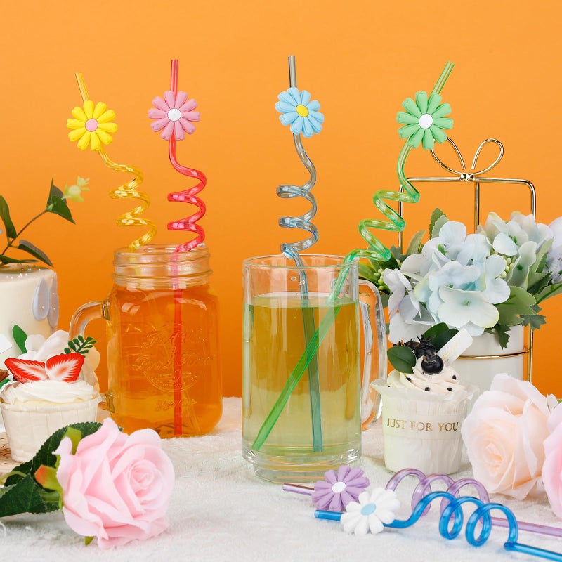 Uiifan 24 Pcs Plastic Flower Straws Bulk Reusable Groovy Daisy Straws Funny Daisy Party Favors for Summer Birthday Party Decorations  Multicolored (Lovely Color) - Image 4