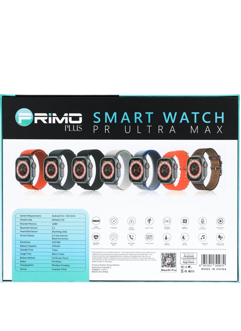 PRIMO PLUS - The New PR ULTRA MAX Smart Watch Series 8 With A Full Screen Works With The Android And IOS System Is Responsive Wireless Charging And Supports GPS With 7 Bracelets and Protection Cover , Size 49 mm - - Image 1