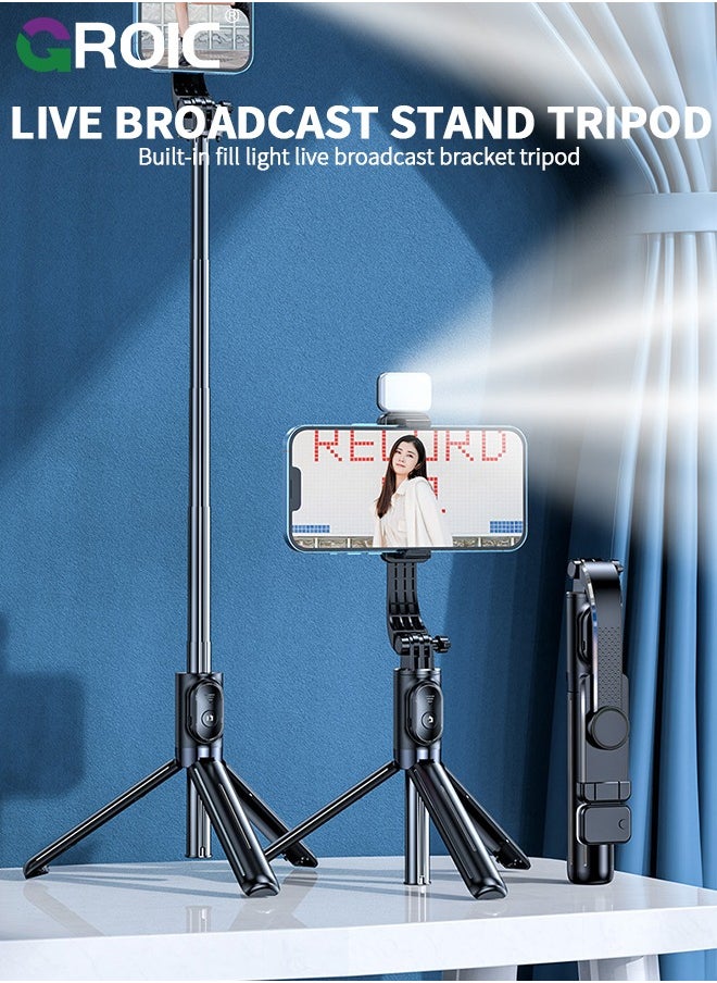 GROIC - Selfie Stick Tripod, Extendable Cell Phone Tripod, Travel Tripod with LED Fill Light, for iPhone 15 14 13 12pro Xs Max Xr, Samsung Galaxy S22 S21, and More - Image 1