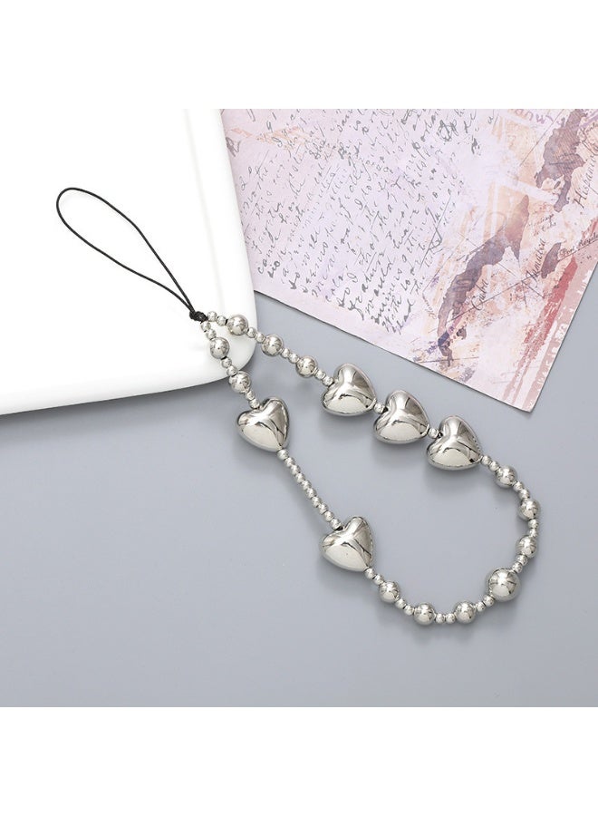NIBEMINENT Beaded Phone Lanyard, Anti Lost Removable Wrist Strap,K2908 5 Silver Plated Hearts Bracelet Pendant, Phone Keychain Lanyard
