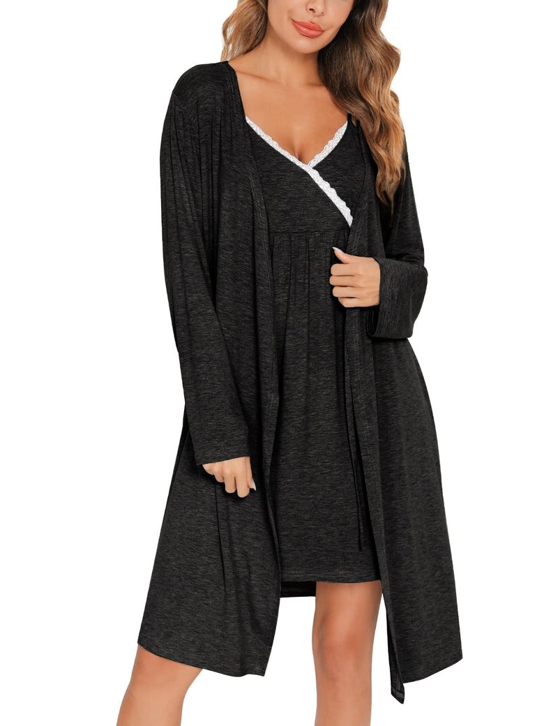 SWOMOG Womens Maternity Robe 2PCS Nursing Nightgown for Breastfeeding 3 in 1 Labor Delivery Nursing Robe Set Lace Bathrobe Black Grey - Image 2