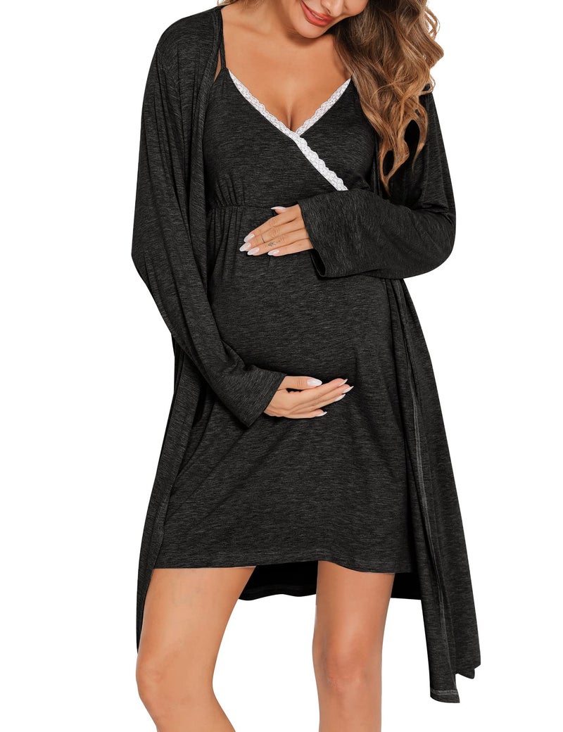 SWOMOG Womens Maternity Robe 2PCS Nursing Nightgown for Breastfeeding 3 in 1 Labor Delivery Nursing Robe Set Lace Bathrobe Black Grey - Image 1