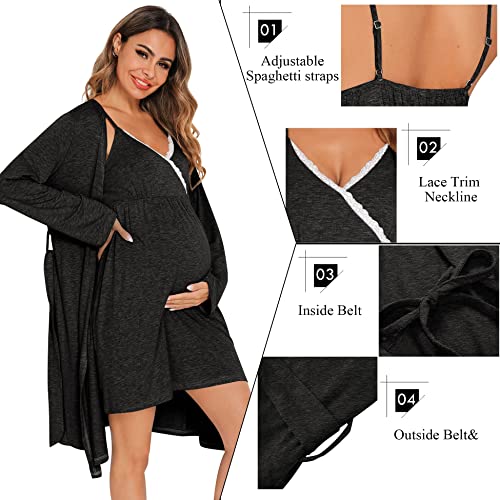 SWOMOG Womens Maternity Robe 2PCS Nursing Nightgown for Breastfeeding 3 in 1 Labor Delivery Nursing Robe Set Lace Bathrobe Black Grey - Image 3