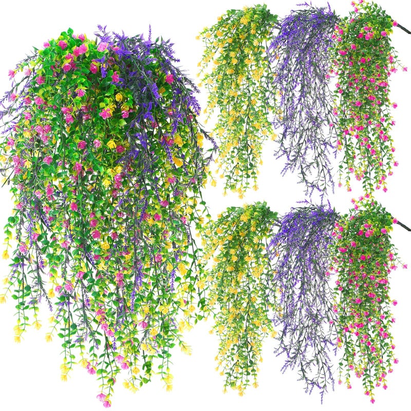 FineCheer 6 Pcs Spring Artificial Hanging Flowers Outdoor Faux Silk Mum Plant Decor Violet with Eucalyptus Realistic UV Resistant Trailing Vine Spring Porch YardLight ColorEucalyptus - Image 2