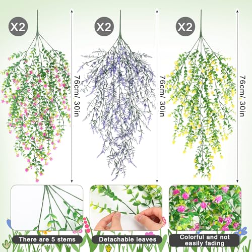 FineCheer 6 Pcs Spring Artificial Hanging Flowers Outdoor Faux Silk Mum Plant Decor Violet with Eucalyptus Realistic UV Resistant Trailing Vine Spring Porch YardLight ColorEucalyptus - Image 3