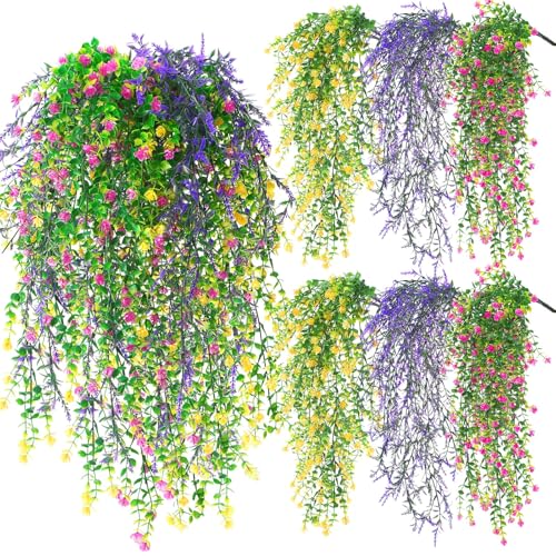 FineCheer 6 Pcs Spring Artificial Hanging Flowers Outdoor Faux Silk Mum Plant Decor Violet with Eucalyptus Realistic UV Resistant Trailing Vine Spring Porch YardLight ColorEucalyptus - Image 1