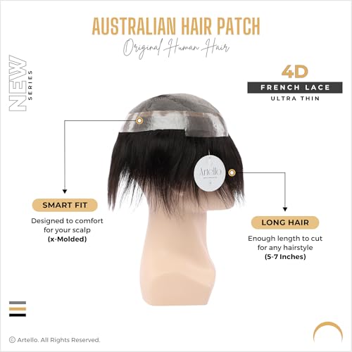 Artello® AUSTRALIAN Hair Patch for Men, 4D French Lace, 0.03 mm Invisible Frontal Hairline, Ultra Thin, Trim-able PU, 100% Remy Human Hair Wig (Colour: Natural Black) (9x6) - Image 2