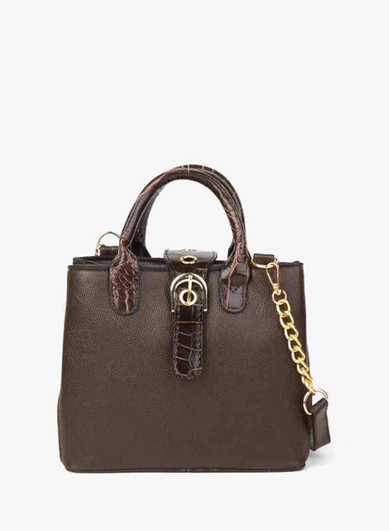 Box Bitter Coffee Croco Handle Removable Strap 2-Compartment Snap Zipper Closure Hand and Shoulder Bag.