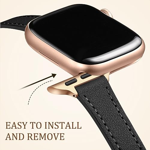 Charlam Slim Leather Band Compatible with Apple Watch Band 40mm 38mm 41mm 42mm 44mm 45mm 46mm Women, Top Grain Genuine Leather Strap Thin Wristband for iWatch Series 11 10 9 8 7 6 5 4 3 2 1 SE,Black - Image 4