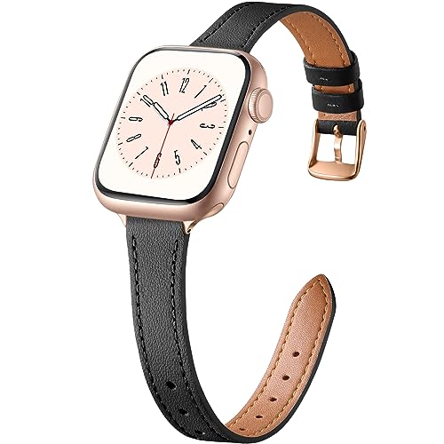 Charlam Slim Leather Band Compatible with Apple Watch Band 40mm 38mm 41mm 42mm 44mm 45mm 46mm Women, Top Grain Genuine Leather Strap Thin Wristband for iWatch Series 11 10 9 8 7 6 5 4 3 2 1 SE,Black - Image 1