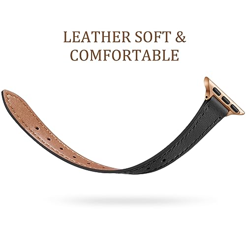 Charlam Slim Leather Band Compatible with Apple Watch Band 40mm 38mm 41mm 42mm 44mm 45mm 46mm Women, Top Grain Genuine Leather Strap Thin Wristband for iWatch Series 11 10 9 8 7 6 5 4 3 2 1 SE,Black - Image 3