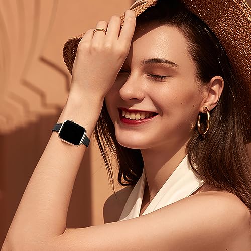 Charlam Slim Leather Band Compatible with Apple Watch Band 40mm 38mm 41mm 42mm 44mm 45mm 46mm Women, Top Grain Genuine Leather Strap Thin Wristband for iWatch Series 11 10 9 8 7 6 5 4 3 2 1 SE,Black - Image 2