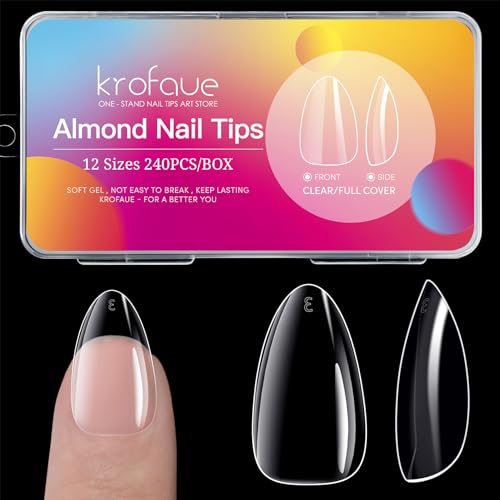 krofaue Almond Nails  240Pcs Clear Fake Tips 12 Sizes Artificial Acrylic False Nails Full Cover Press on Nails Almond for Home DIY  Nail Tips Art