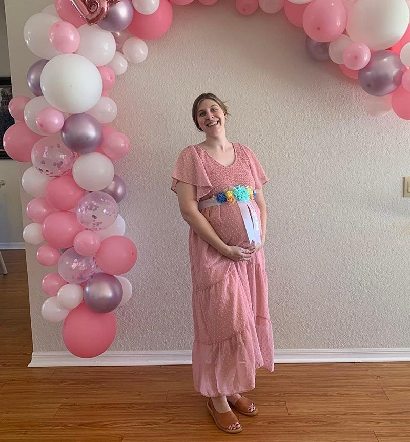 guruixu Swiss Dot Smocked Maternity Dress for Baby Shower Photoshoot Casual Summer V Neck Ruffle Sleeve Empire Waist Boho Dress B Pink - Image 4