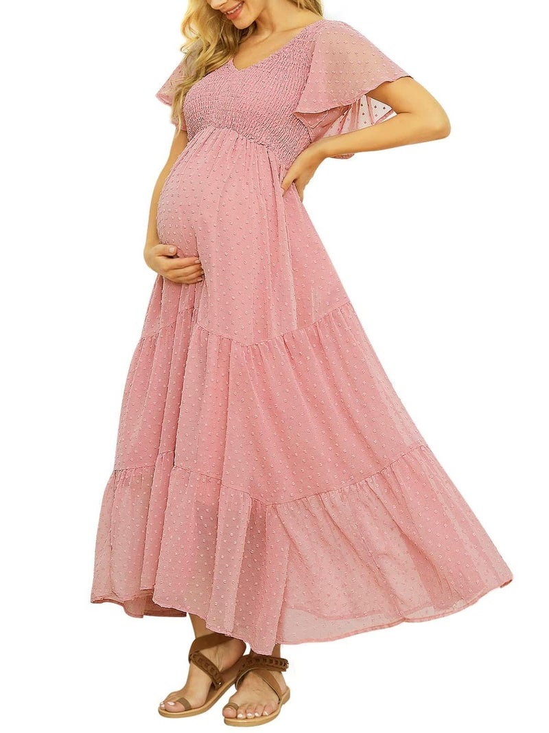 guruixu Swiss Dot Smocked Maternity Dress for Baby Shower Photoshoot Casual Summer V Neck Ruffle Sleeve Empire Waist Boho Dress B Pink - Image 1
