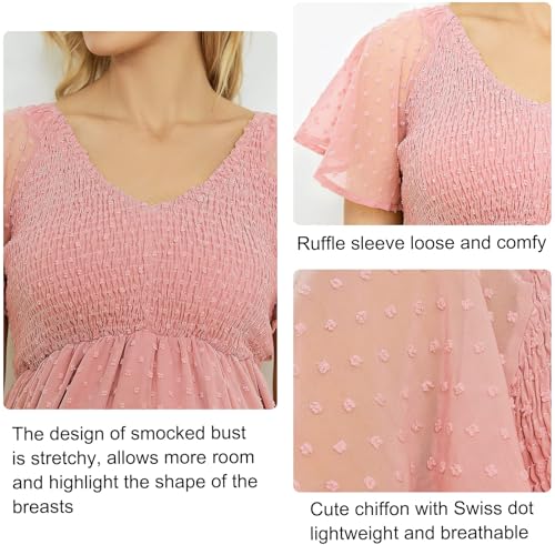 guruixu Swiss Dot Smocked Maternity Dress for Baby Shower Photoshoot Casual Summer V Neck Ruffle Sleeve Empire Waist Boho Dress B Pink - Image 5