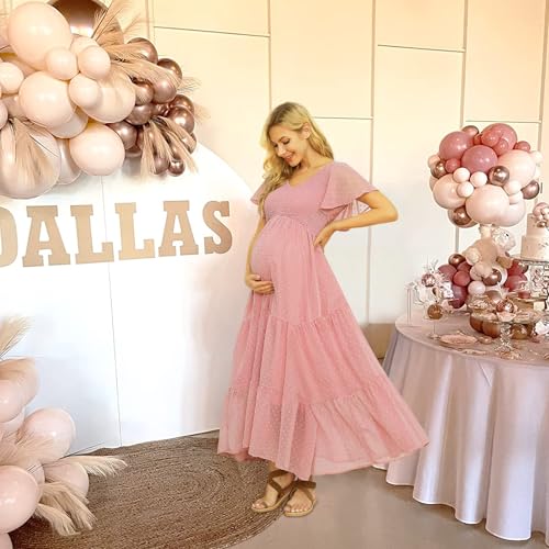 guruixu Swiss Dot Smocked Maternity Dress for Baby Shower Photoshoot Casual Summer V Neck Ruffle Sleeve Empire Waist Boho Dress B Pink - Image 3