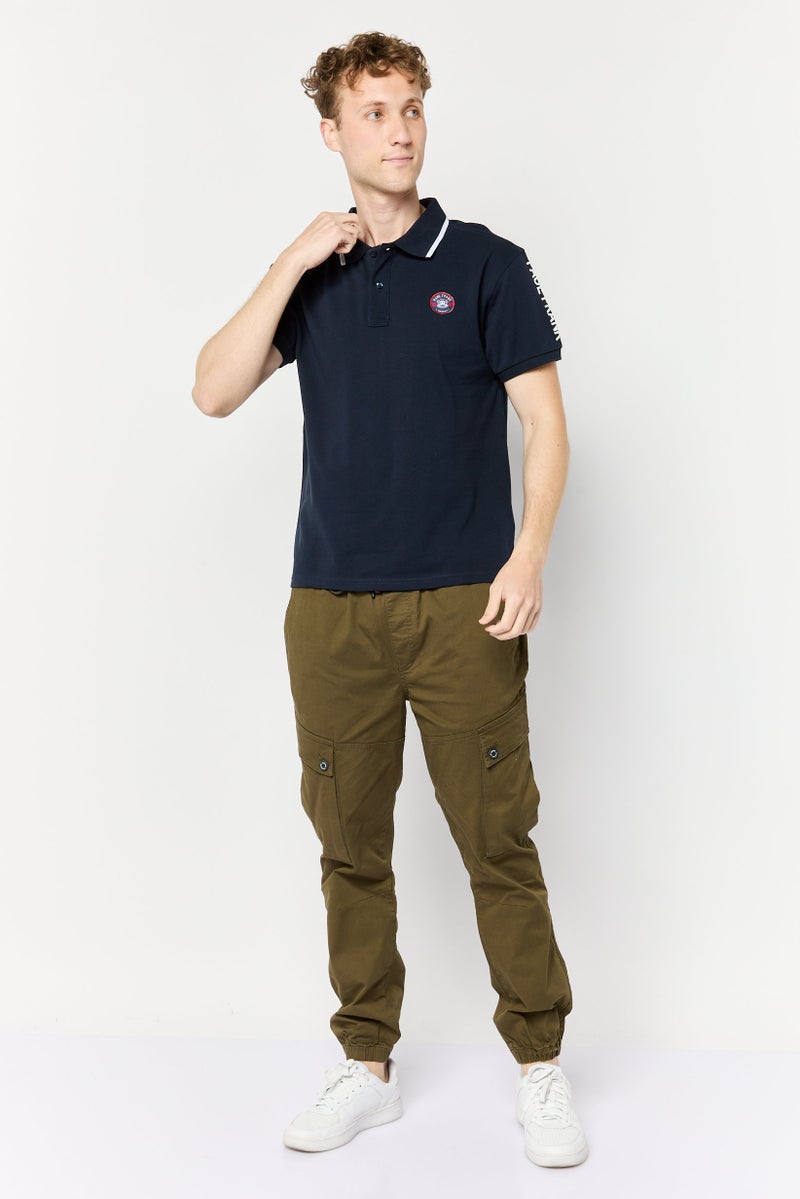 Men Regular Fit Graphic Print Short Sleeves Polo Shirt, Navy