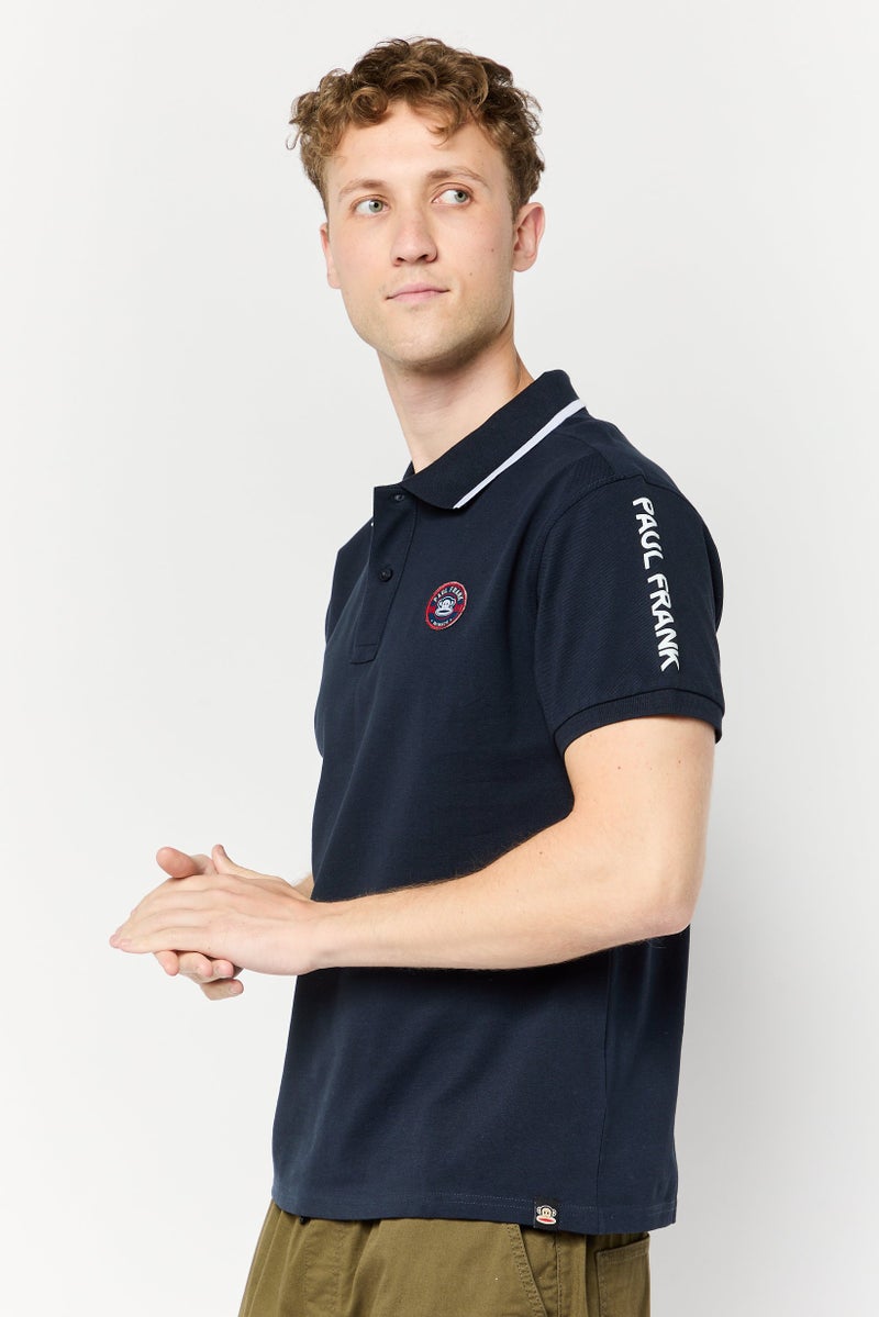 Men Regular Fit Graphic Print Short Sleeves Polo Shirt, Navy
