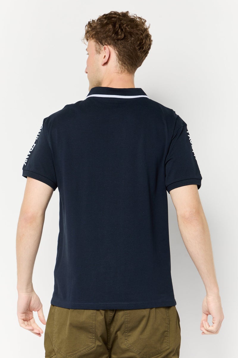 Men Regular Fit Graphic Print Short Sleeves Polo Shirt, Navy