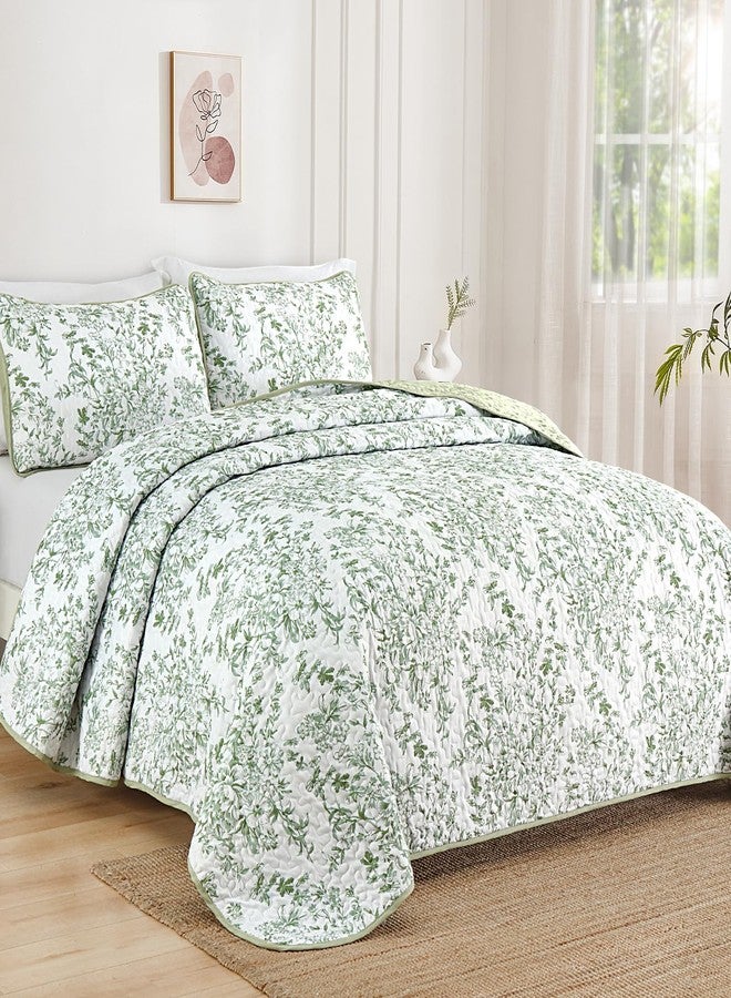 WONGS BEDDING طقم لحاف WONGS BEDDING بحجم كوين، لون أخضر فاتح مع غطاءين للوسائد، لحاف نباتي لسرير كوين، غطاء سرير خفيف الوزن من الألياف الدقيقة الناعمة لجميع الفصول (96 بوصة × 90 بوصة، 3 قطع) - Image 2
