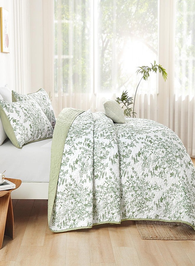 WONGS BEDDING طقم لحاف WONGS BEDDING بحجم كوين، لون أخضر فاتح مع غطاءين للوسائد، لحاف نباتي لسرير كوين، غطاء سرير خفيف الوزن من الألياف الدقيقة الناعمة لجميع الفصول (96 بوصة × 90 بوصة، 3 قطع) - Image 3