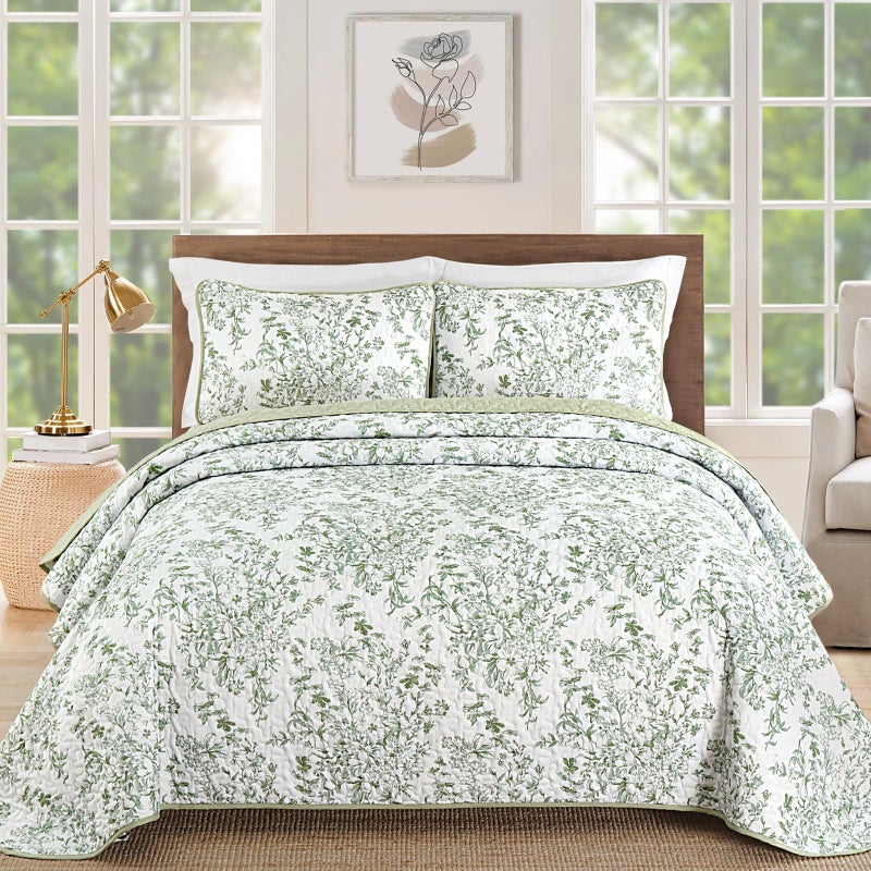 WONGS BEDDING طقم لحاف WONGS BEDDING بحجم كوين، لون أخضر فاتح مع غطاءين للوسائد، لحاف نباتي لسرير كوين، غطاء سرير خفيف الوزن من الألياف الدقيقة الناعمة لجميع الفصول (96 بوصة × 90 بوصة، 3 قطع) - Image 1