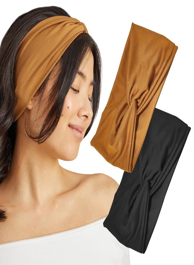 Melodio Women's Wide Headbands - Elastic Bandana Headbands, Hair Ties for Women - Black and Camel, 2-Pack - Image 2