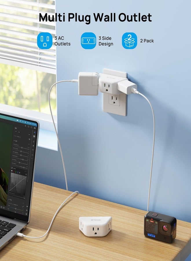 TROND Multi Plug Outlet Extender 2 Pack - Electrical Wall Splitter, 3 Way Angled Wall Outlet Adapter, Cruise Essentials, Small Multiple Plug Expander for Cruise Ship Home Office Dorm Room, White - Image 2