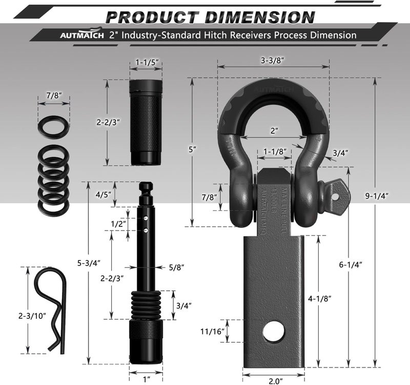 AUTMATCH Shackle Hitch Receiver 2 Inch - 3/4" D Ring Shackle and 5/8" Trailer Hitch Lock Pin, 45,000 Lbs Break Strength Heavy Duty Receiver Towing Kit for Off-Road Vehicle Recovery, Gunmetal Gray - Image 3