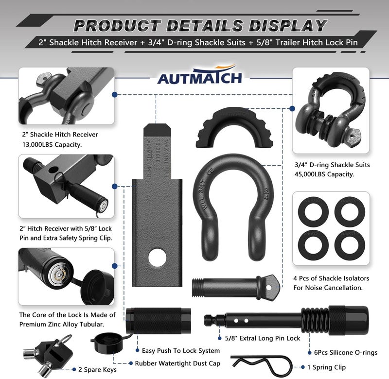 AUTMATCH Shackle Hitch Receiver 2 Inch - 3/4" D Ring Shackle and 5/8" Trailer Hitch Lock Pin, 45,000 Lbs Break Strength Heavy Duty Receiver Towing Kit for Off-Road Vehicle Recovery, Gunmetal Gray - Image 2