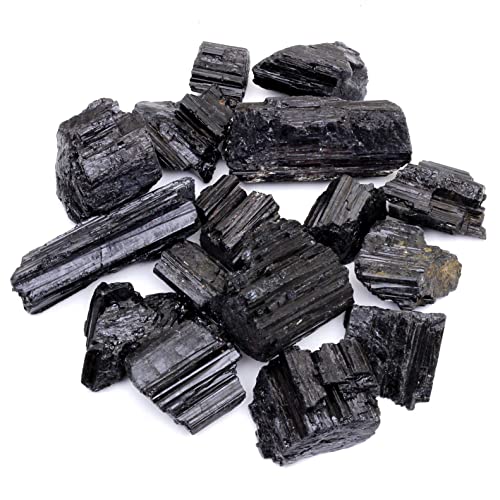 DANCING BEAR Black Tourmaline Crystals Bulk (1/2 LB Medium Pieces), Includes: (1) Selenite stick & Information cards, Rough Raw Natural Stones for Good Vibes, Reiki Energy Made in USA - Image 1
