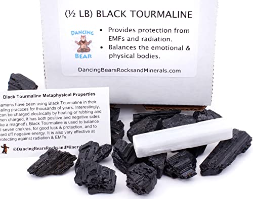 DANCING BEAR Black Tourmaline Crystals Bulk (1/2 LB Medium Pieces), Includes: (1) Selenite stick & Information cards, Rough Raw Natural Stones for Good Vibes, Reiki Energy Made in USA - Image 2
